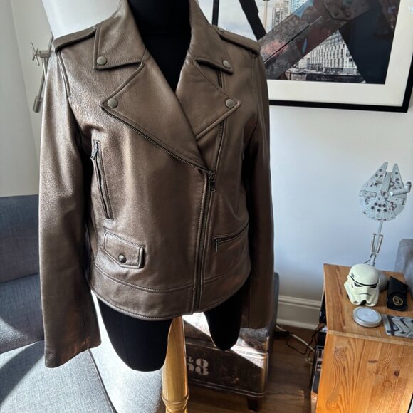 Banana Republic Metallic Leather Moto Jacket, MEDAL BRONZE Medium - Picture 8 of 15